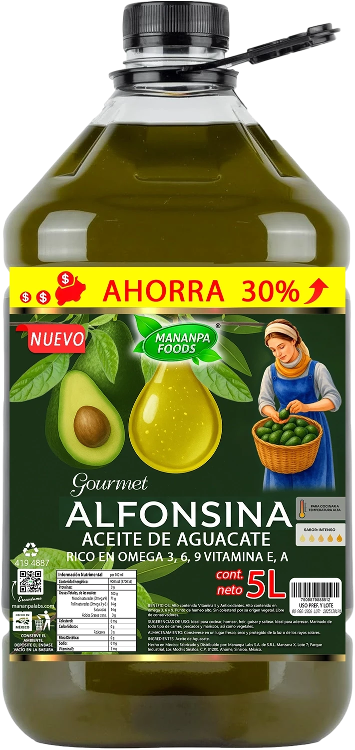 Aceite De Aguacate 100% Puro 5 Lts Alfonsina By Mananpa 100% prensado en frío, ideal para aderezar y cocinar carnes, pollos, pescados y mariscos, libre de gluten y conservadores